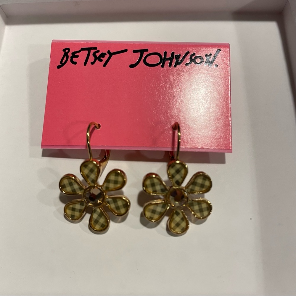 Betsey Johnson- Gold flower dangle earrings with plaid design